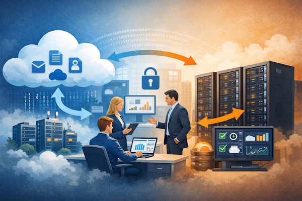 Illustrasjon som viser forskjellen mellom skylagring og lokal datalagring for en bedrift