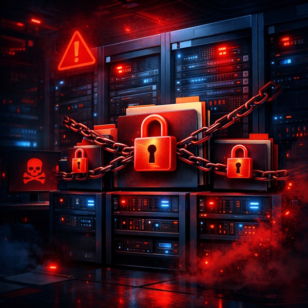 Illustrasjon av ransomware-angrep som låser bedriftsdata på server
