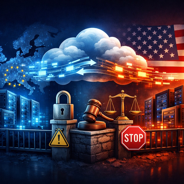 Illustrasjon av data som flyter mellom Europa og USA med juridiske barrierer