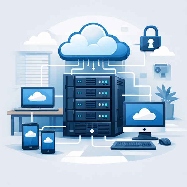 Illustrasjon av self-hosted skylagring der en virksomhet kontrollerer egne servere og datalagring