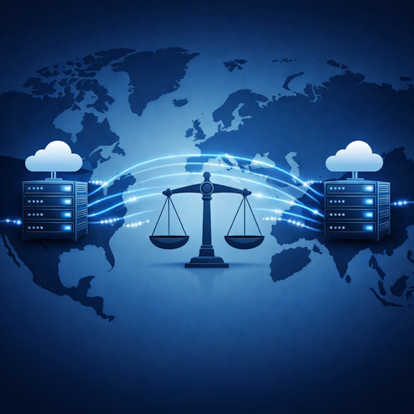 Illustrasjon av globale datastrømmer mellom servere i USA og Europa som symboliserer jurisdiksjon og CLOUD Act.