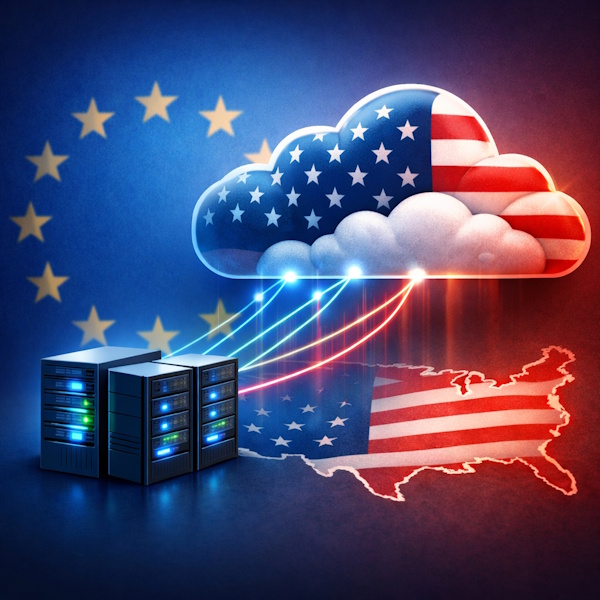 Illustrasjon av data som flyttes fra Europa til en amerikansk sky