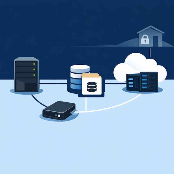 Illustrasjon av 3-2-1 backup-regelen med tre kopier av data på ulike lagringsmedier og én offsite backup
