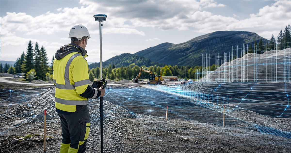 Landmåler med GNSS-utstyr på byggeplass med digitalt terrenggrunnlag og målepunkter.