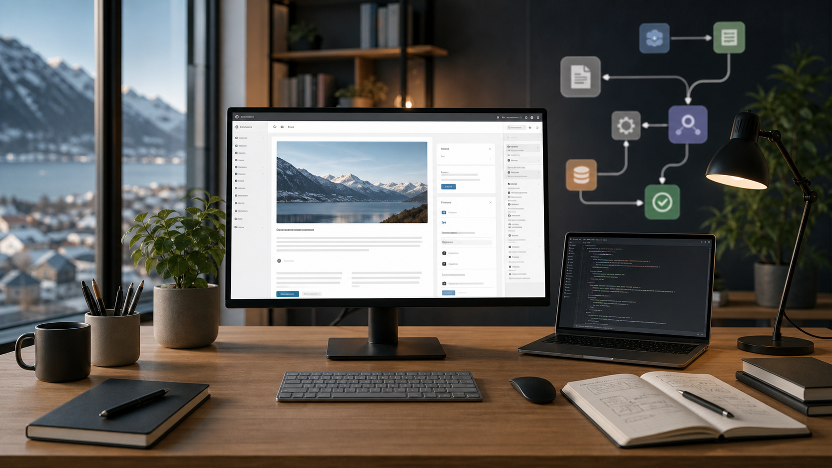 Illustrasjon av en WordPress-lignende publiseringsflate med automasjonsnoder og kode på en ryddig arbeidsstasjon.
