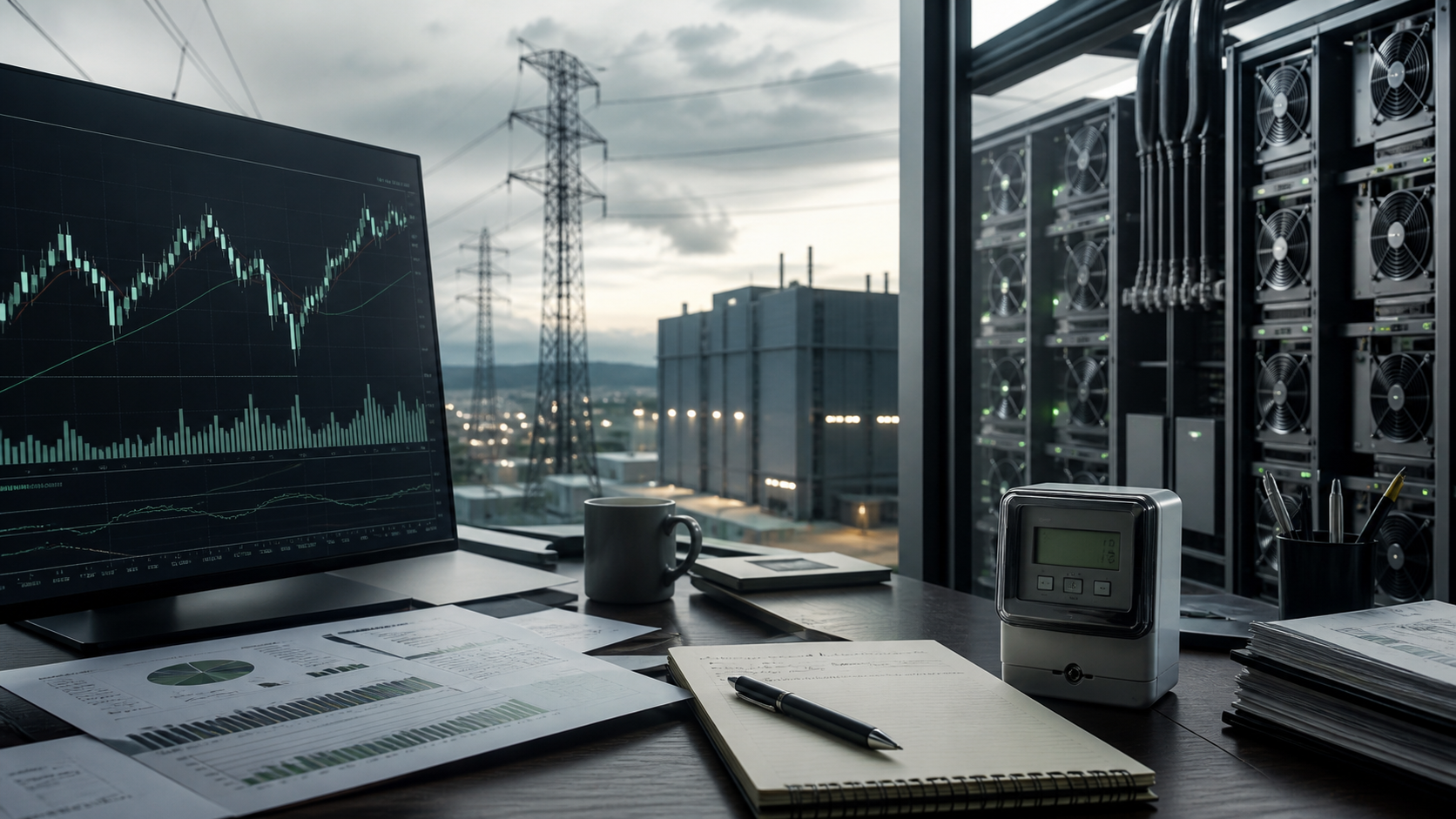 Illustrasjon av et finansbord med diagrammer, strømnett, datasenter og serverrack.