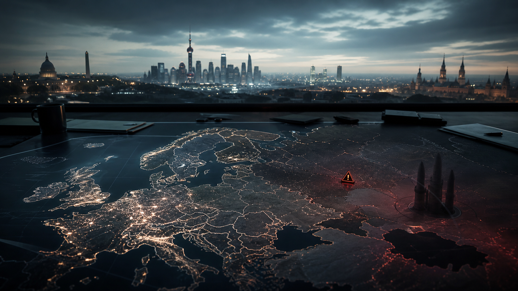 Illustrasjon av Europa på et kartbord med geopolitisk uro i horisonten og et dempet atomvarsel.