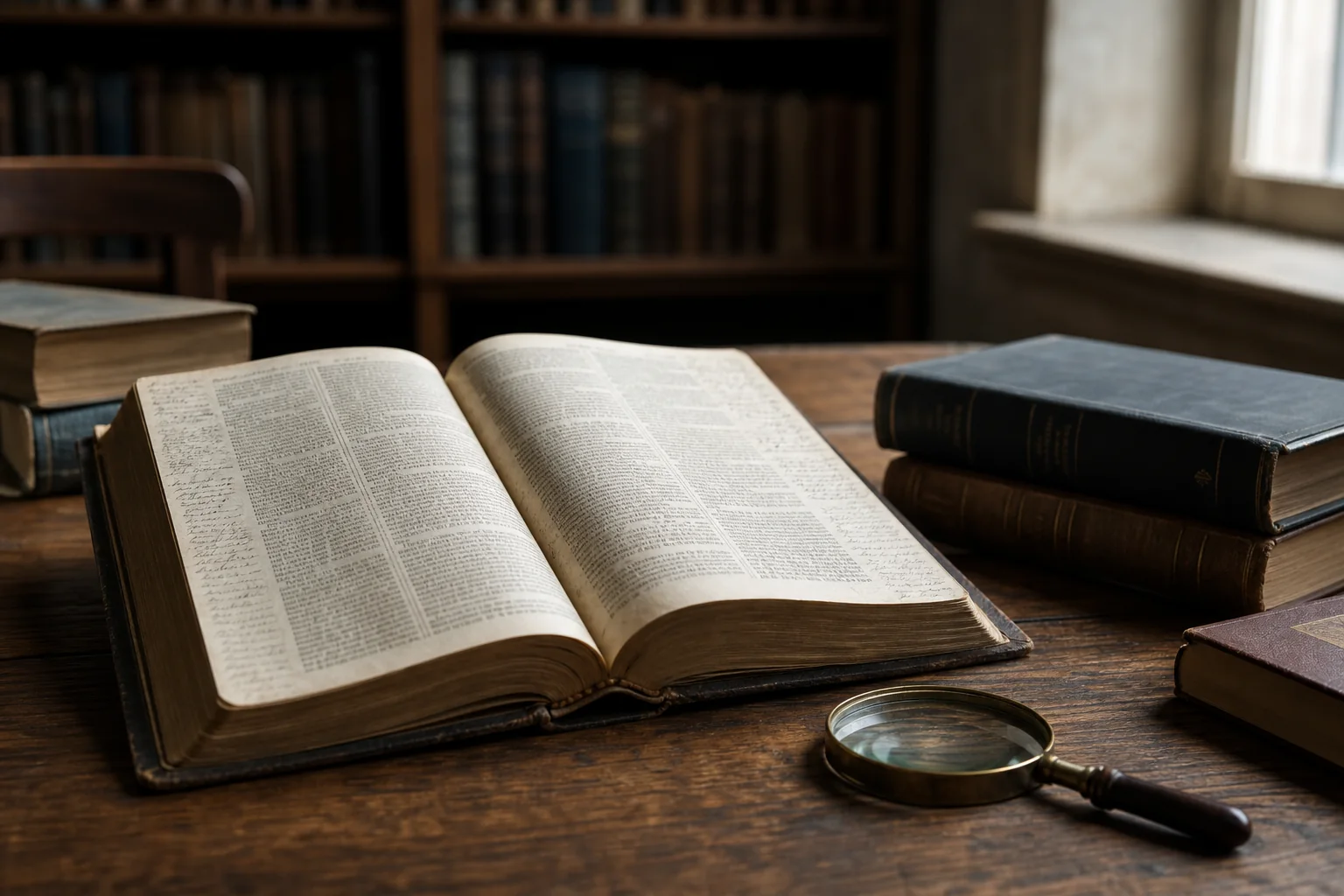 En åpen bibel og et forstørrelsesglass på et bord i et bibliotek, som illustrerer en grundig undersøkelse av tro og bevis.