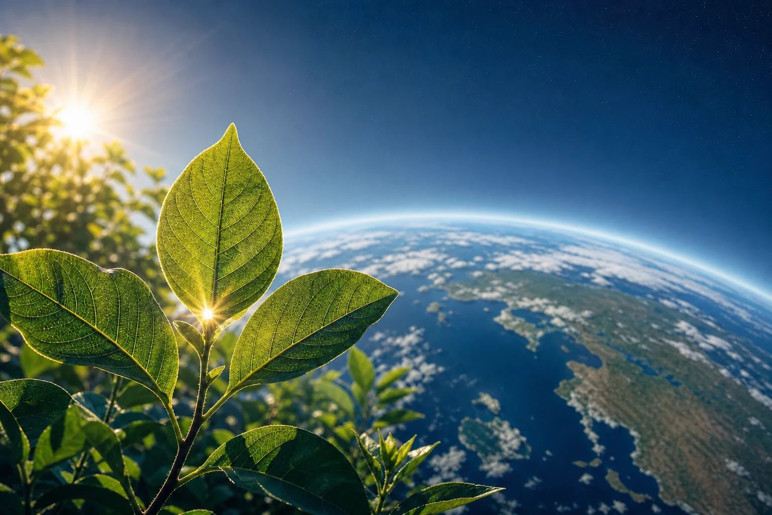 Grønne blader foran jordkloden og atmosfæren, som illustrerer CO₂s rolle for planter og klima.
