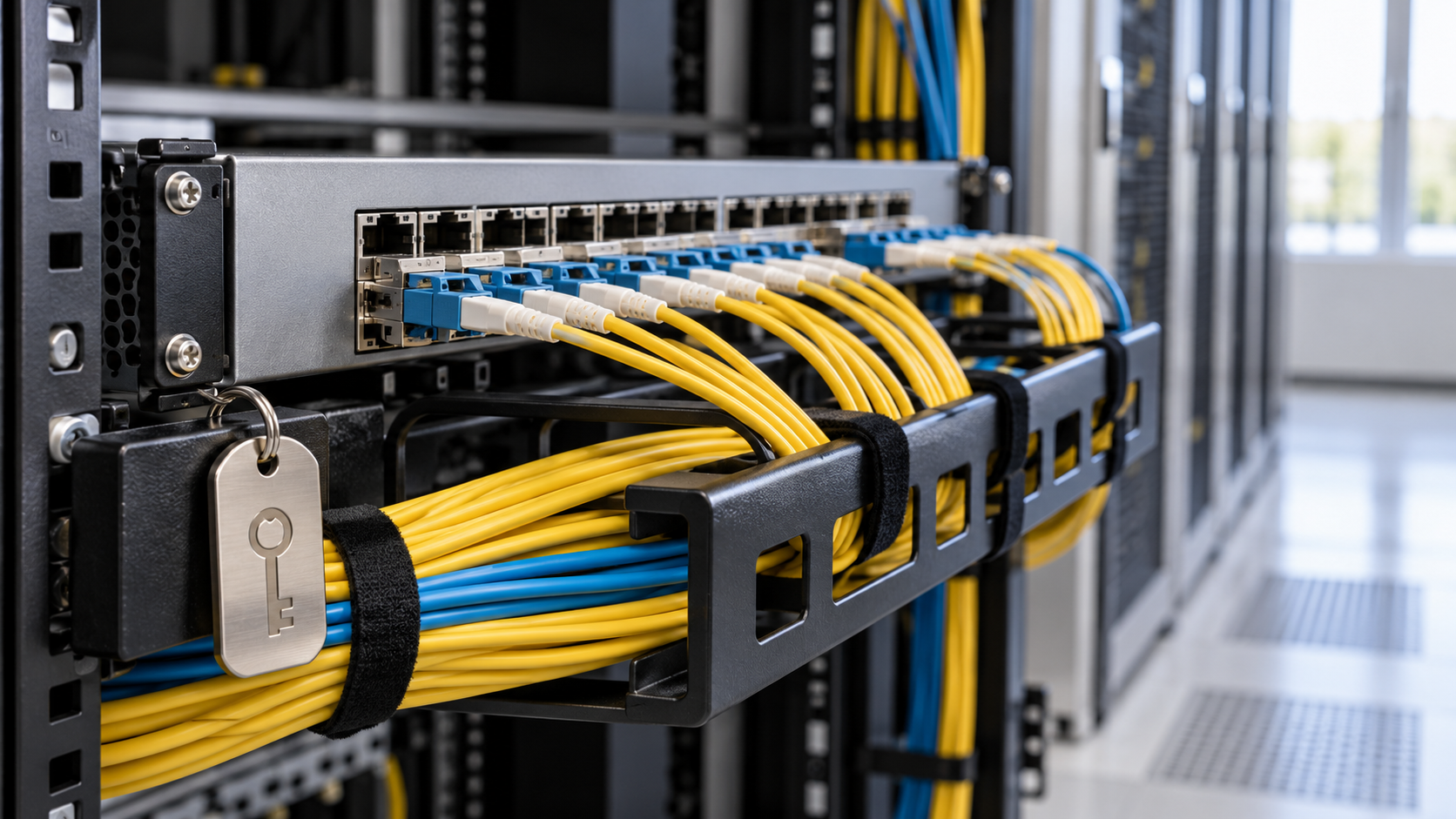 En nettverkssvitsj med tilkoblede kabler og et nøkkelmerke i et serverrack.